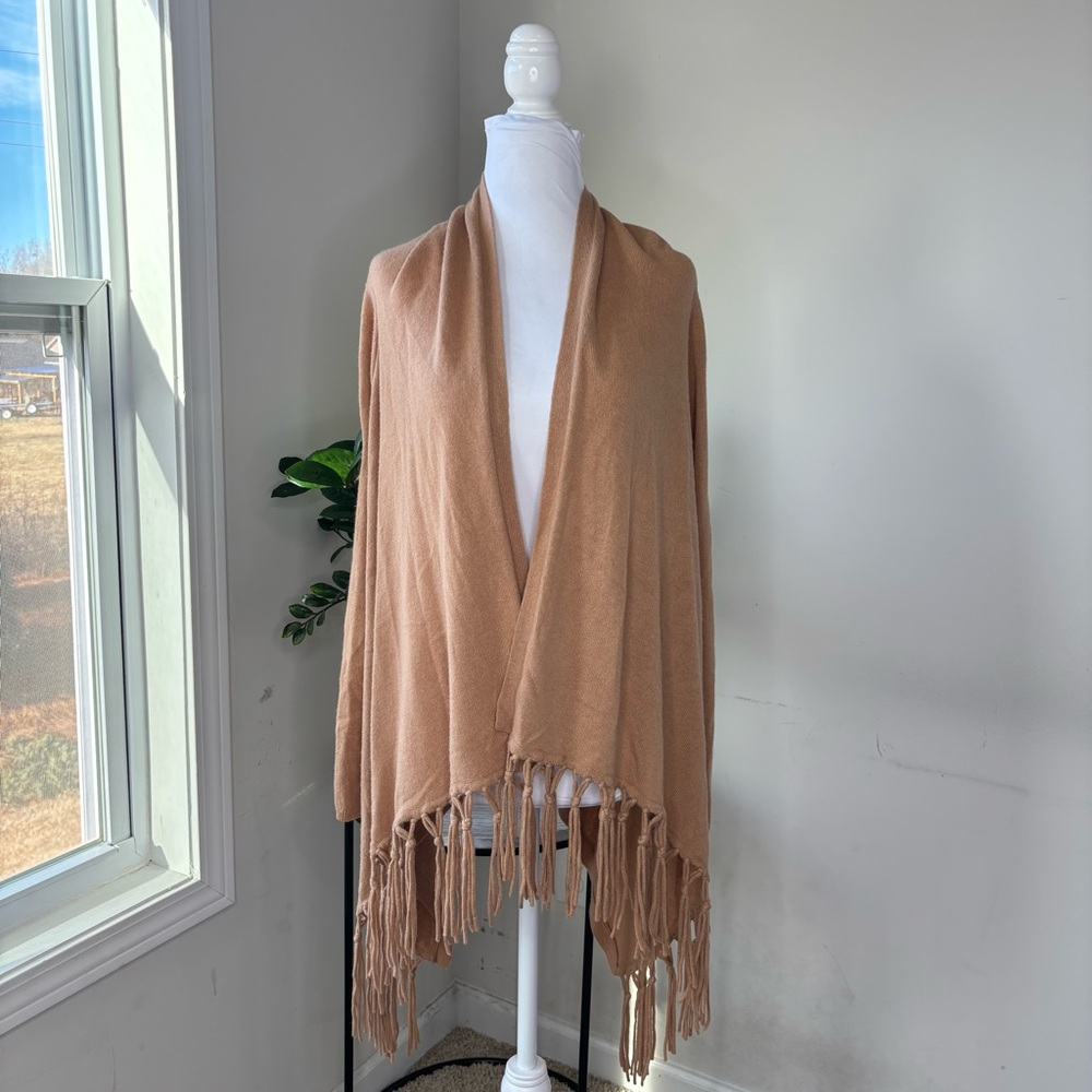 BN4 Peck & Peck Cashmere Shawl Caridgan Fringe Tan Feetival Boho Hippie Large